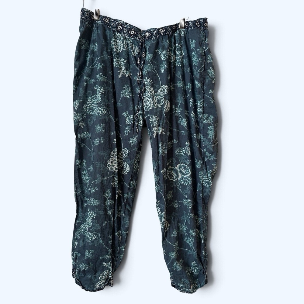 Sundance Blue Floral Roses Cotton Drawstring Cropped Boho Pants Size Large